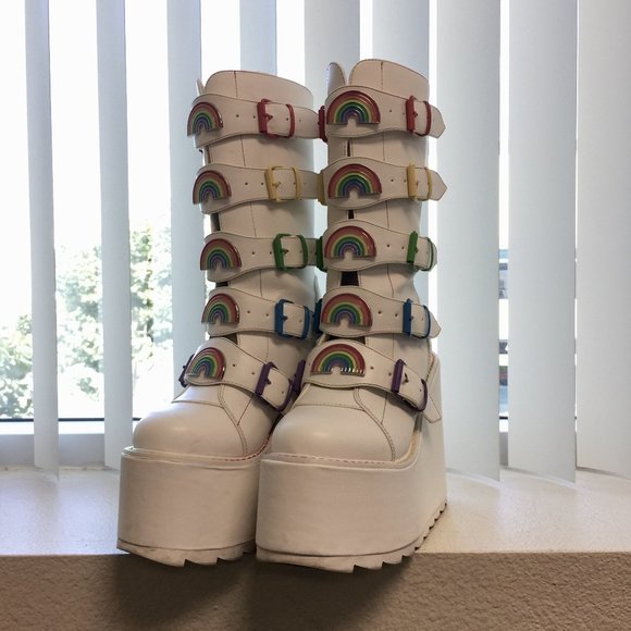 YRU Other - YRU White Platform Boots with Rainbow Buckles